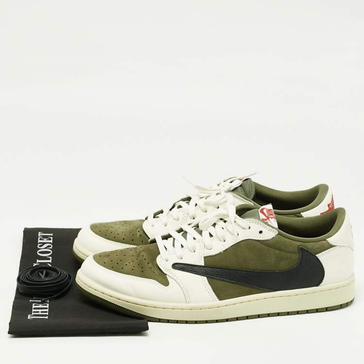 Pre Owned Air Jordans Multicolor Nubuck and Leather Jordan 1 Retro Low OG SP Travis Scott Medium Olive Sneakers Size 46
