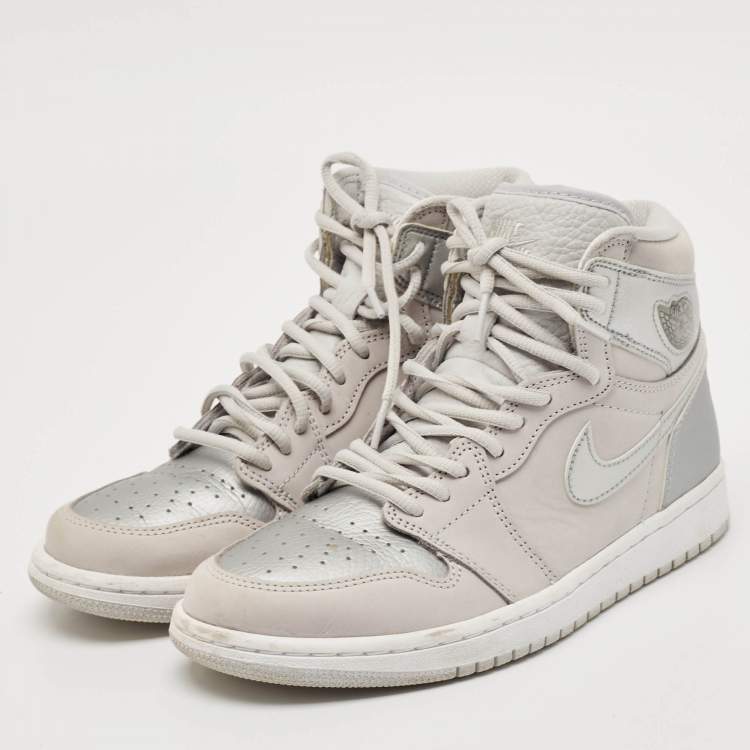 Pre Owned Air Jordans Silver/Grey Leather Air Jordan 1  CO.JP High Top Sneakers Size 40.5 