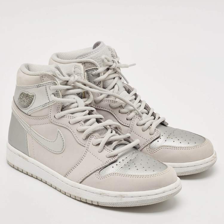 Pre Owned Air Jordans Silver/Grey Leather Air Jordan 1  CO.JP High Top Sneakers Size 40.5 