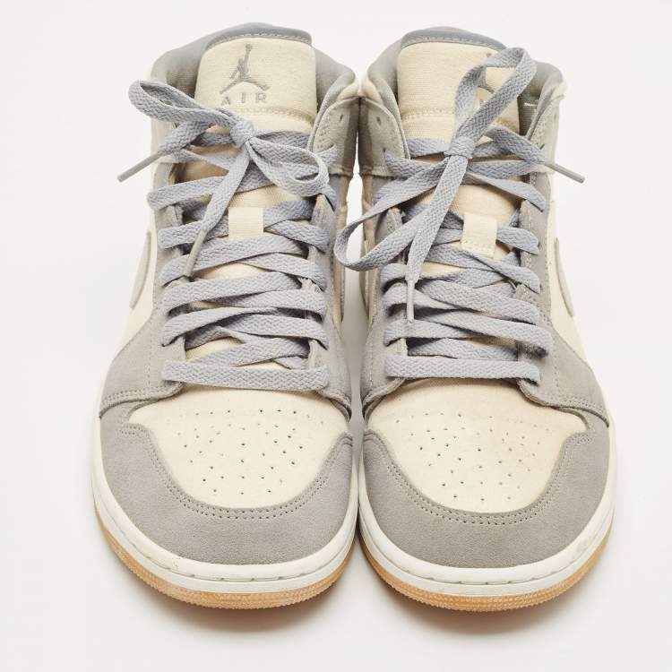 Pre Owned Air Jordans Grey/Beige Suede and Canvas Jordan 1 Mid SE Coconut Milk Particle Grey Sneakers Size 42.5