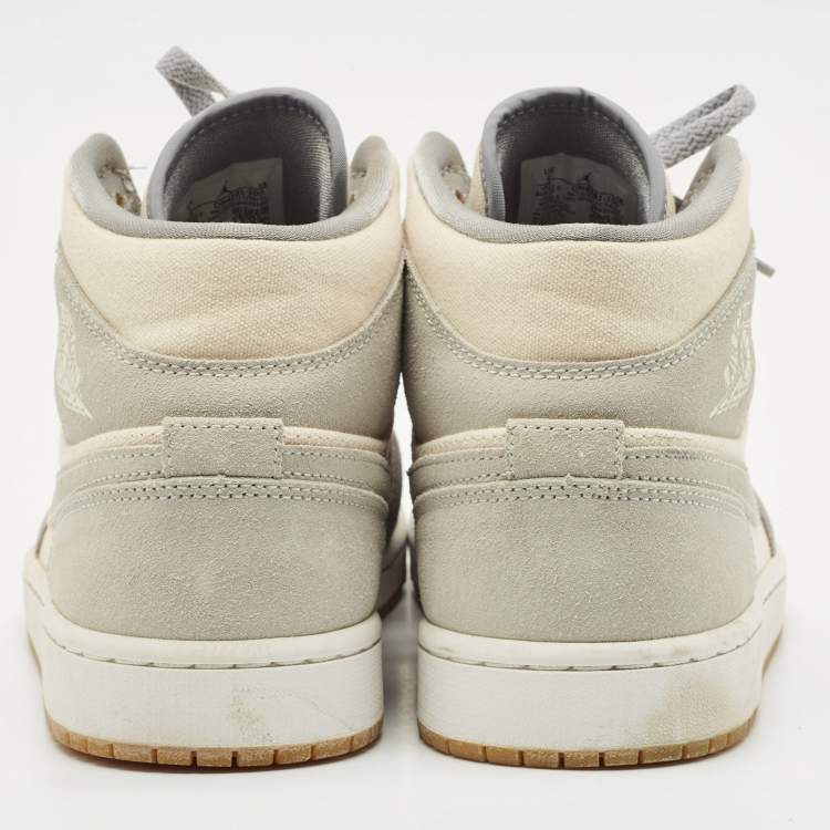 Pre Owned Air Jordans Grey/Beige Suede and Canvas Jordan 1 Mid SE Coconut Milk Particle Grey Sneakers Size 42.5