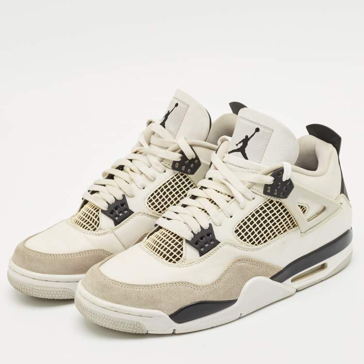 Pre Owned Air Jordans White/Black Leather Jordan 4 Retro Military Black Sneakers Size 45