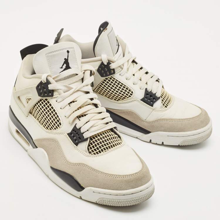 Pre Owned Air Jordans White/Black Leather Jordan 4 Retro Military Black Sneakers Size 45