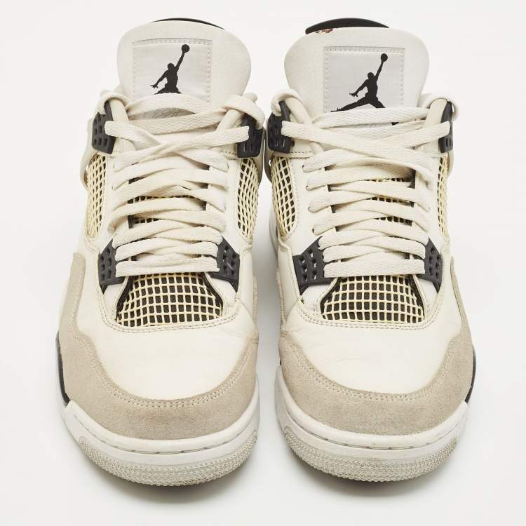 Pre Owned Air Jordans White/Black Leather Jordan 4 Retro Military Black Sneakers Size 45