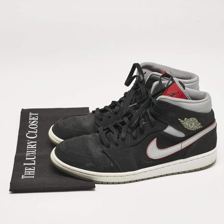 Pre Owned Air Jordans Black/Grey Durabuck and Leather Jordan 1 Mid Black Particle Grey Gym Red Sneakers Size 45.5