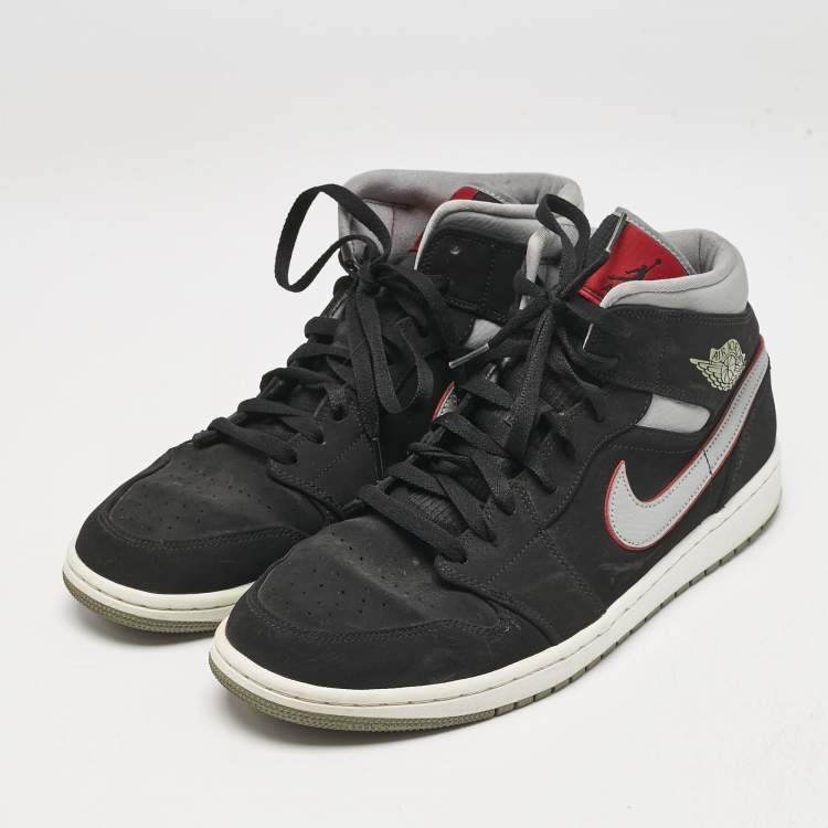 Pre Owned Air Jordans Black/Grey Durabuck and Leather Jordan 1 Mid Black Particle Grey Gym Red Sneakers Size 45.5