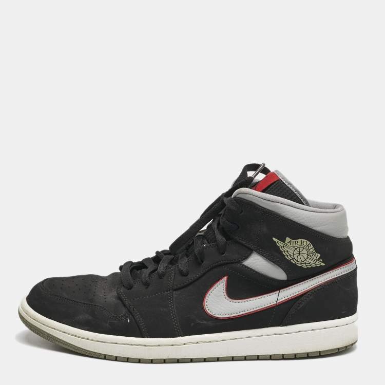 Pre Owned Air Jordans Black/Grey Durabuck and Leather Jordan 1 Mid Black Particle Grey Gym Red Sneakers Size 45.5