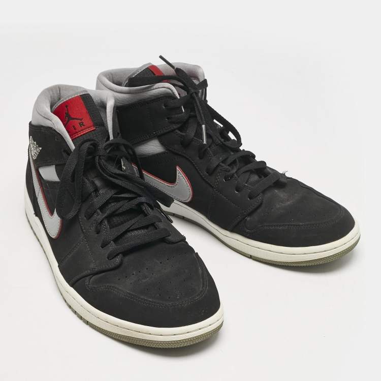 Pre Owned Air Jordans Black/Grey Durabuck and Leather Jordan 1 Mid Black Particle Grey Gym Red Sneakers Size 45.5