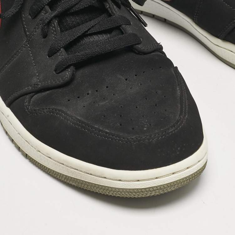 Pre Owned Air Jordans Black/Grey Durabuck and Leather Jordan 1 Mid Black Particle Grey Gym Red Sneakers Size 45.5