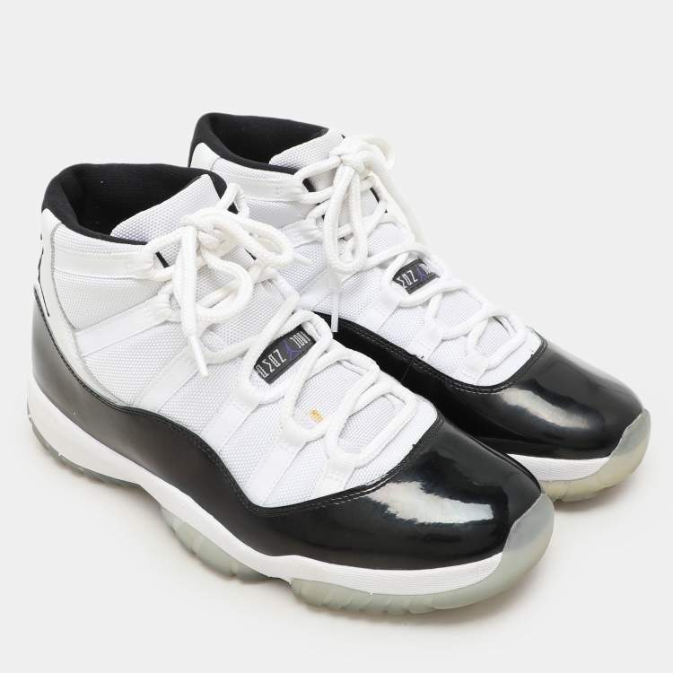 Pre Owned Air Jordan White/Black Patent And Canvas Jordan-11-Retro High Top Sneakers Size  44.5