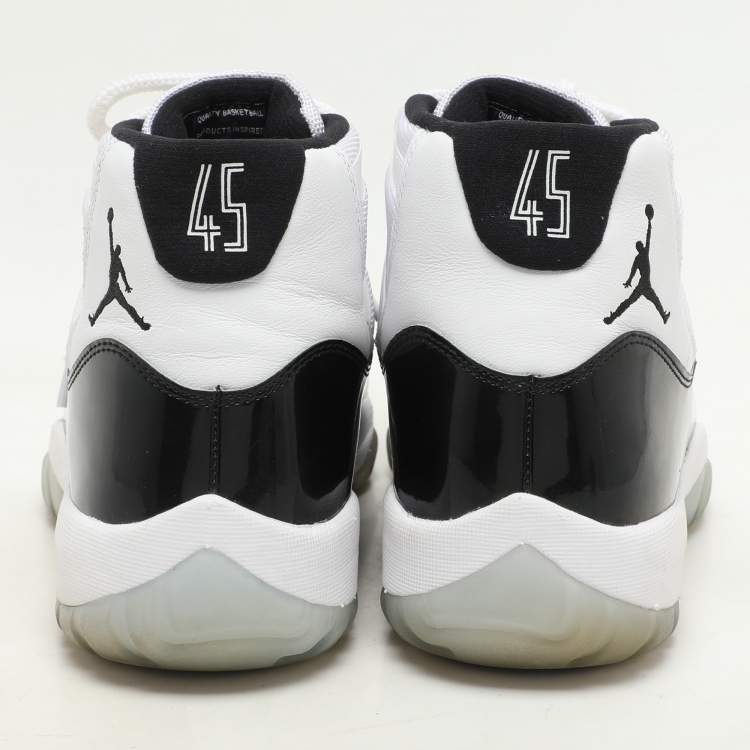 Pre Owned Air Jordan White/Black Patent And Canvas Jordan-11-Retro High Top Sneakers Size  44.5