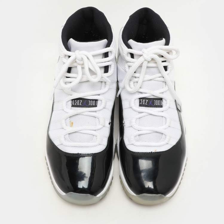 Pre Owned Air Jordan White/Black Patent And Canvas Jordan-11-Retro High Top Sneakers Size  44.5