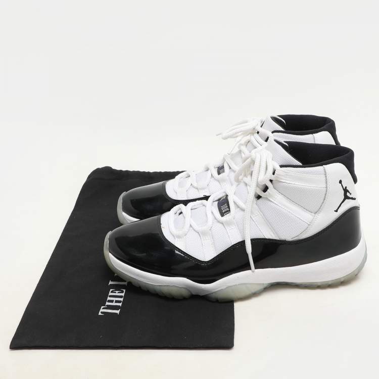 Pre Owned Air Jordan White/Black Patent And Canvas Jordan-11-Retro High Top Sneakers Size  44.5