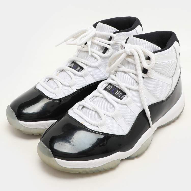 Pre Owned Air Jordan White/Black Patent And Canvas Jordan-11-Retro High Top Sneakers Size  44.5