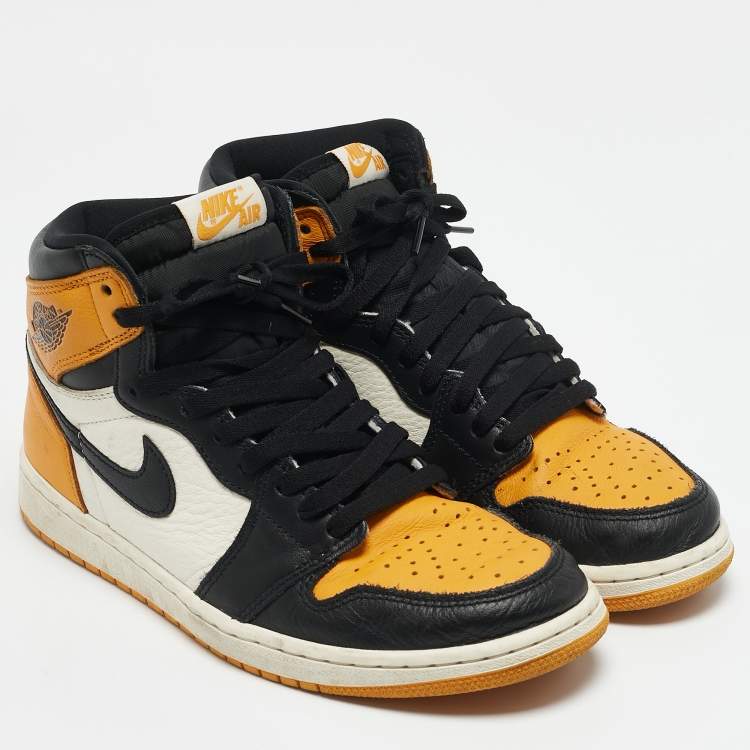Pre Owned Air Jordans Yellow/Black Leather Air Jordan 1 High Top Sneakers Size 42