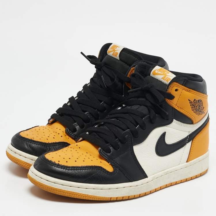 Pre Owned Air Jordans Yellow/Black Leather Air Jordan 1 High Top Sneakers Size 42
