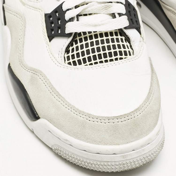 Pre Owned Air Jordans White/Black Leather Jordan 4 Retro Military Black Sneakers Size 42.5