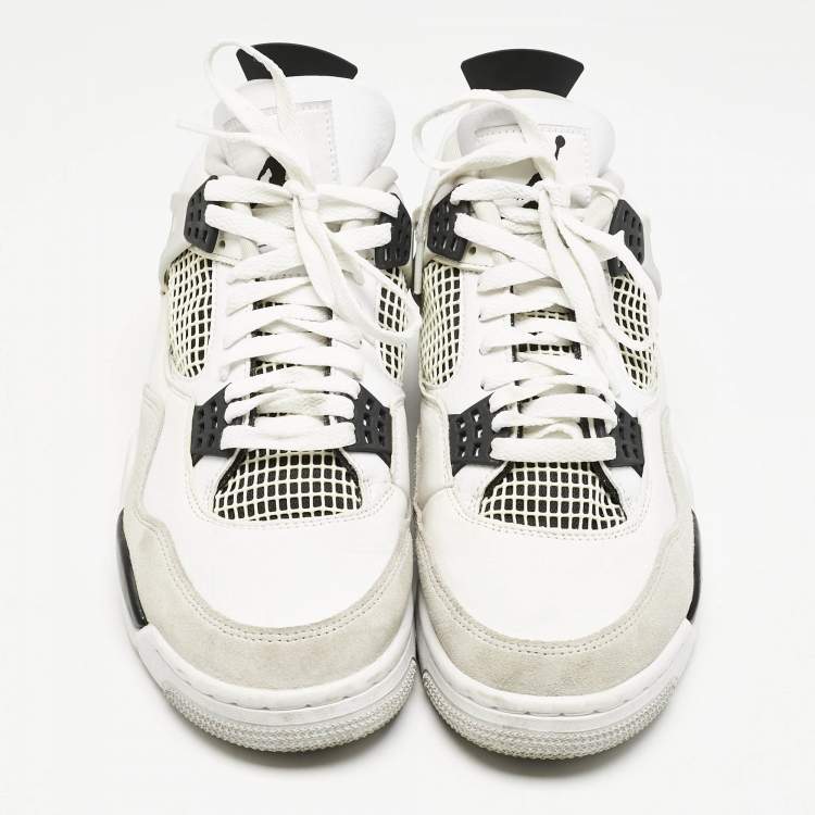 Pre Owned Air Jordans White/Black Leather Jordan 4 Retro Military Black Sneakers Size 42.5