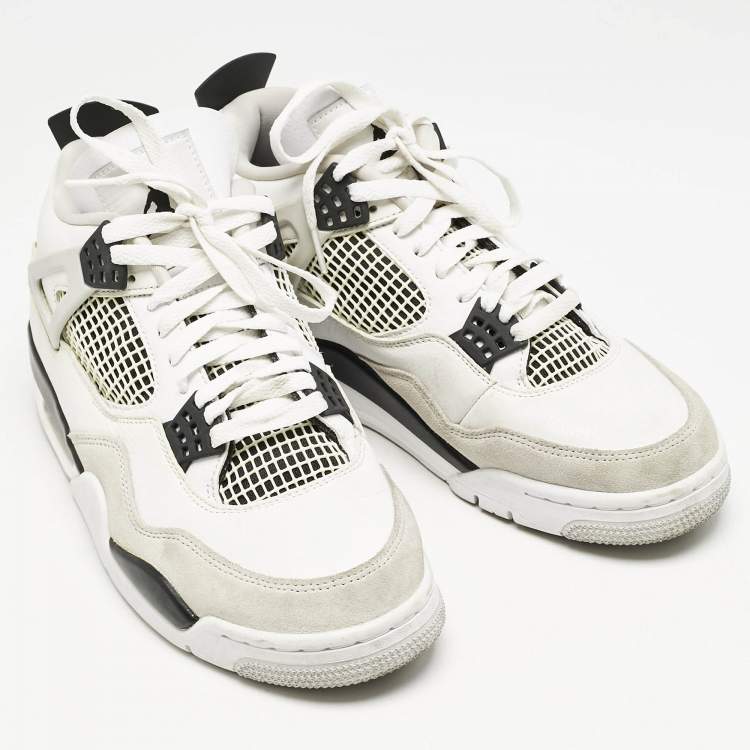 Pre Owned Air Jordans White/Black Leather Jordan 4 Retro Military Black Sneakers Size 42.5