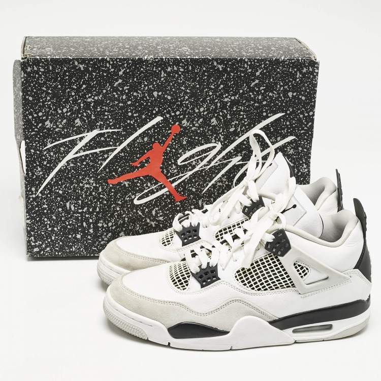 Pre Owned Air Jordans White/Black Leather Jordan 4 Retro Military Black Sneakers Size 42.5
