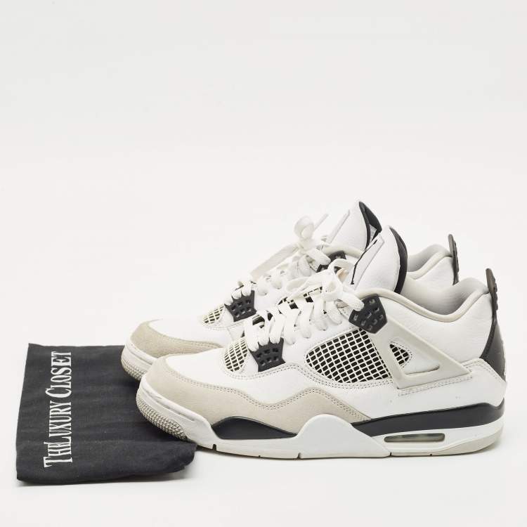 Pre Owned Air Jordans White/Black Leather and Suede Jordan 4 Retro Military Black Sneakers Size 44