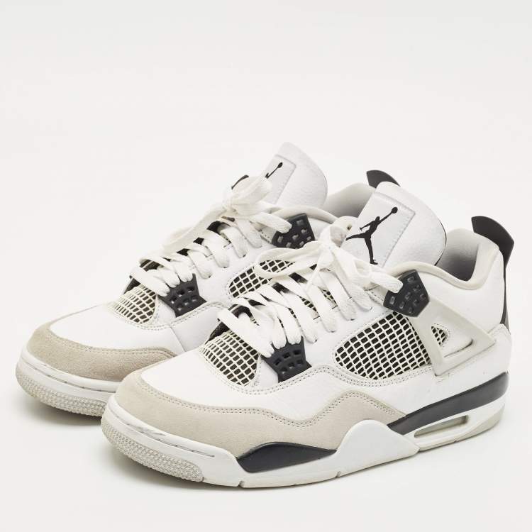 Pre Owned Air Jordans White/Black Leather and Suede Jordan 4 Retro Military Black Sneakers Size 44