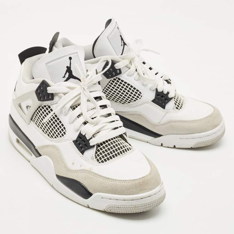 Pre Owned Air Jordans White/Black Leather and Suede Jordan 4 Retro Military Black Sneakers Size 44