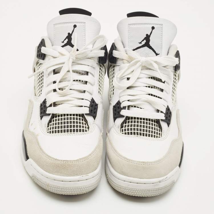 Pre Owned Air Jordans White/Black Leather and Suede Jordan 4 Retro Military Black Sneakers Size 44