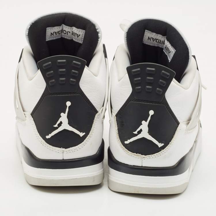 Pre Owned Air Jordans White/Black Leather and Suede Jordan 4 Retro Military Black Sneakers Size 44