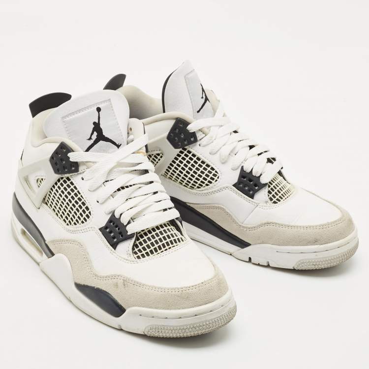 Pre Owned Air Jordans White/Black Leather Jordan 4 Retro Military Black Sneakers Size 41