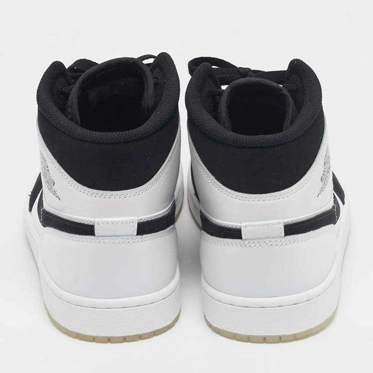 Pre Owned Air Jordans White/Black Leather and Durabuck Leather Jordan 1 Mid Diamond Shorts Sneakers Size 45