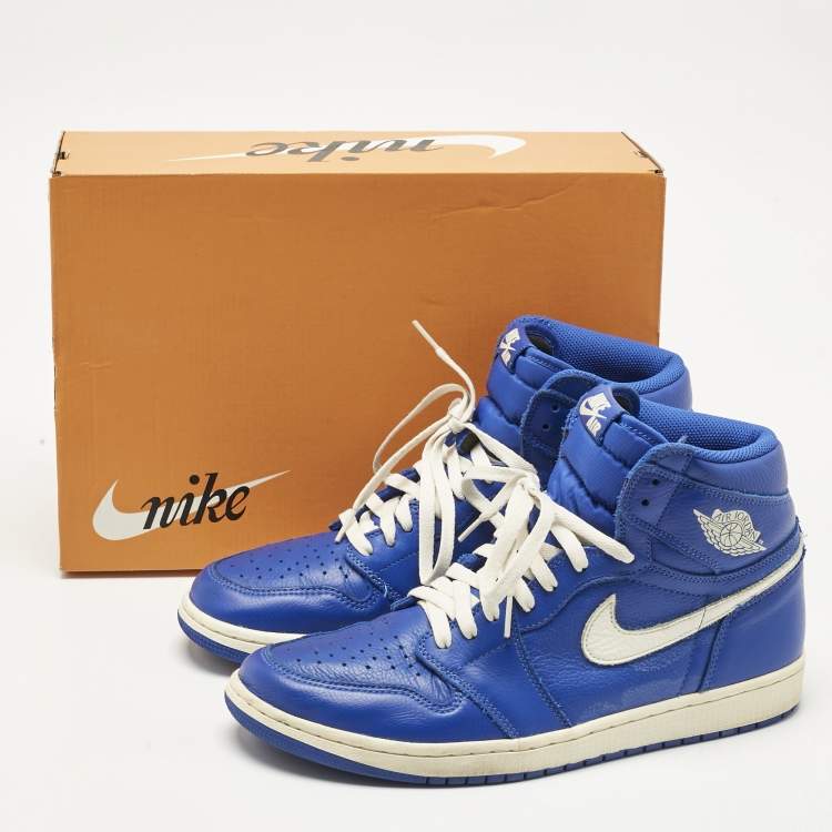 Pre Owned Air Jordans Blue/White Leather Jordan 1 Retro High Hyper Royal Sneakers Size 45