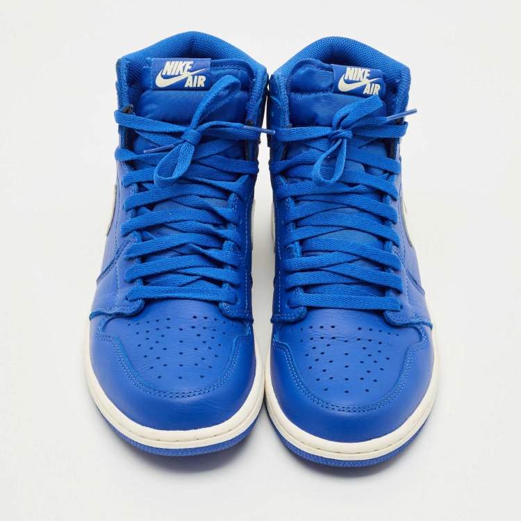Pre Owned Air Jordans Blue Leather Air Jordans 1 Retro High Top Sneakers Size 44