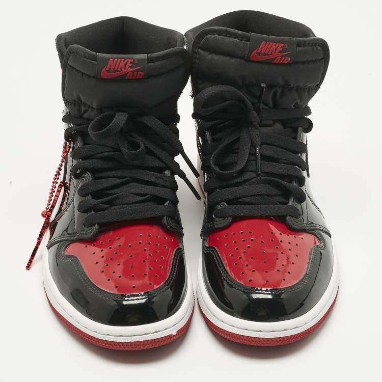 Pre Owned Air Jordans Black/Red Patent Leather Jordan 1 Retro High OG Bred Sneakers Size 42.5