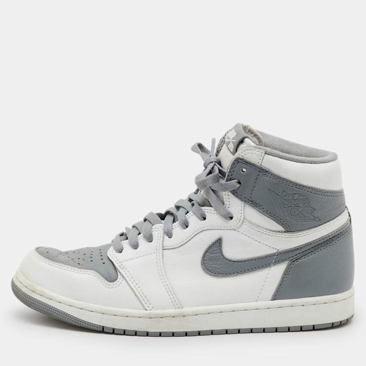 Pre Owned Air Jordans White/Grey Leather Jordan 1 Retro High OG Stealth Sneakers Size 44.5