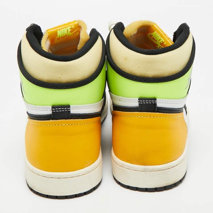 Pre Owned Air Jordans Multicolor Leather Jordan 1 Retro High White Black Volt University Gold Sneakers Size 45.5