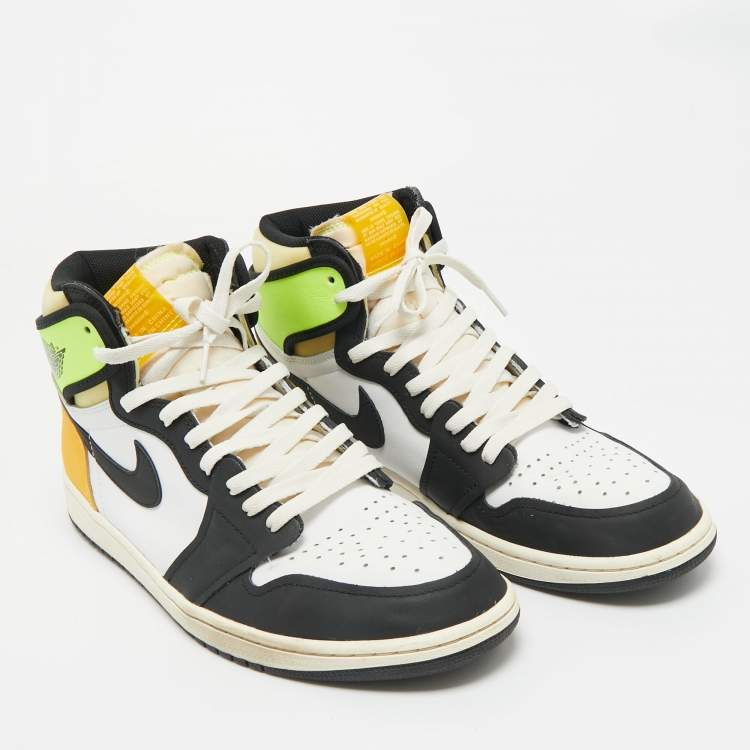 Pre Owned Air Jordans Multicolor Leather Jordan 1 Retro High White Black Volt University Gold Sneakers Size 45.5