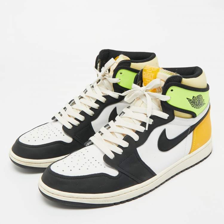 Pre Owned Air Jordans Multicolor Leather Jordan 1 Retro High White Black Volt University Gold Sneakers Size 45.5