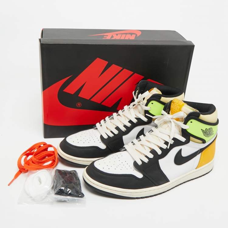 Pre Owned Air Jordans Multicolor Leather Jordan 1 Retro High White Black Volt University Gold Sneakers Size 45.5