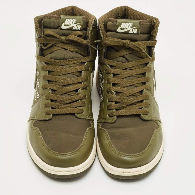 Pre Owned Air Jordans Green Leather and Canvas Jordan 1 Retro High Olive Sneakers Size 45.5