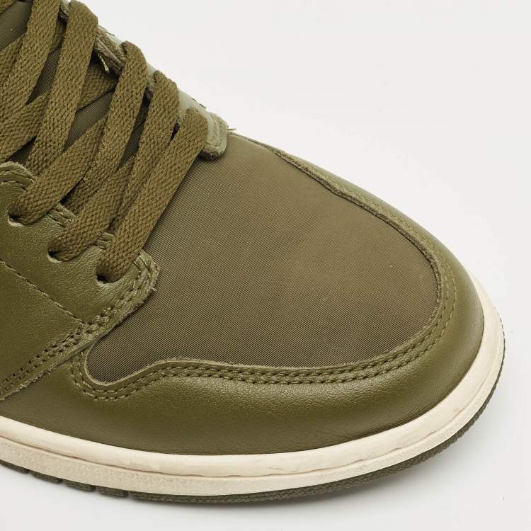 Pre Owned Air Jordans Green Leather and Canvas Jordan 1 Retro High Olive Sneakers Size 45.5