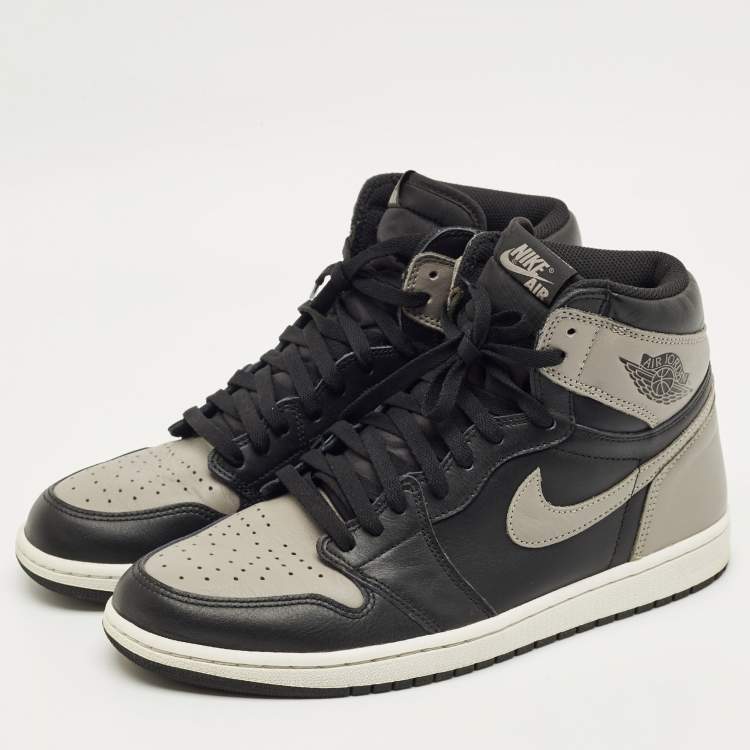 Pre Owned Air Jordans Black/Grey Leather Jordan 1 Retro High Shadow Sneakers Size 45