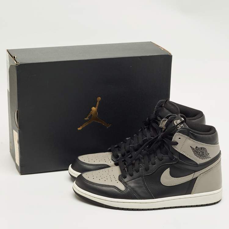 Pre Owned Air Jordans Black/Grey Leather Jordan 1 Retro High Shadow Sneakers Size 45