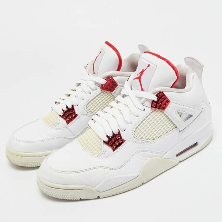 Pre Owned Air Jordans White Leather Jordan 4 Retro Metallic Red Sneakers Size 45