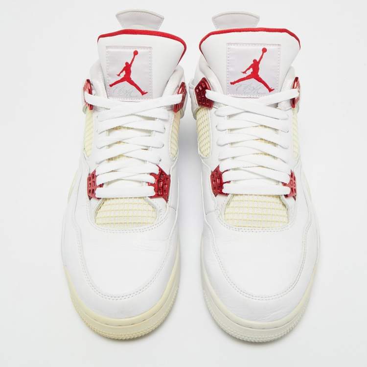 Pre Owned Air Jordans White Leather Jordan 4 Retro Metallic Red Sneakers Size 45