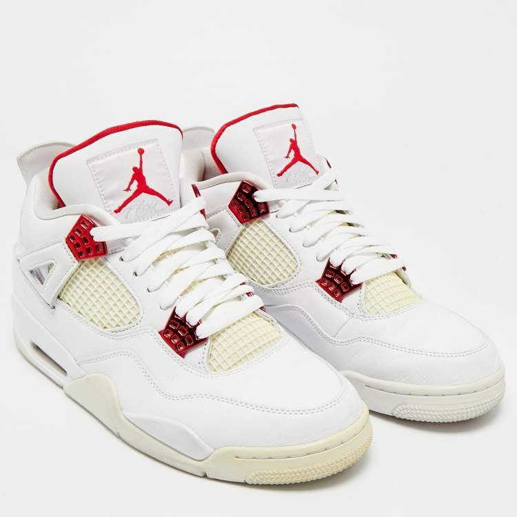 Pre Owned Air Jordans White Leather Jordan 4 Retro Metallic Red Sneakers Size 45