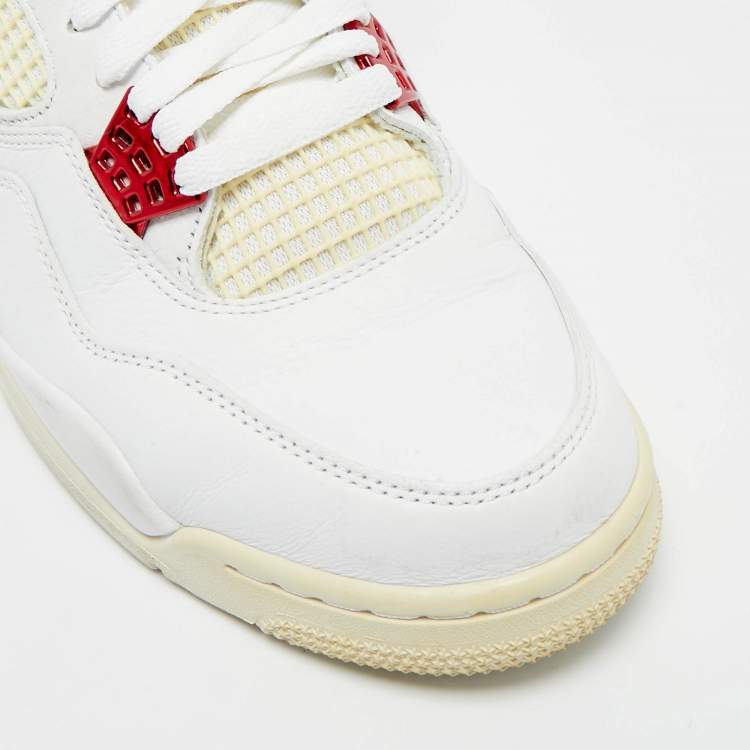 Pre Owned Air Jordans White Leather Jordan 4 Retro Metallic Red Sneakers Size 45