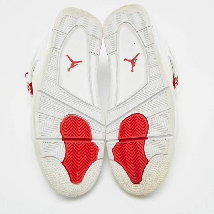 Pre Owned Air Jordans White Leather Jordan 4 Retro Metallic Red Sneakers Size 45