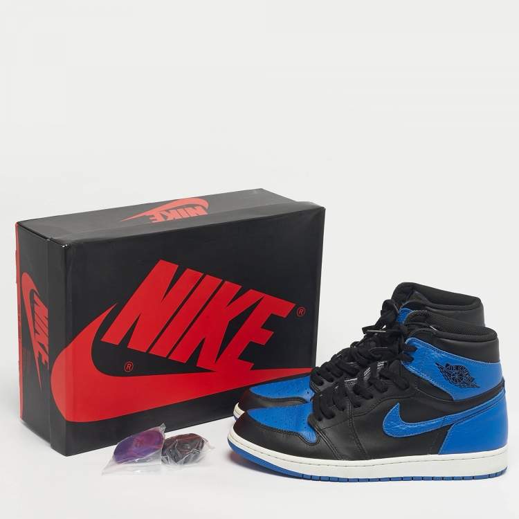 Pre Owned Air Jordans Black/Blue Leather Jordan 1 Retro Royal Sneakers Size 45