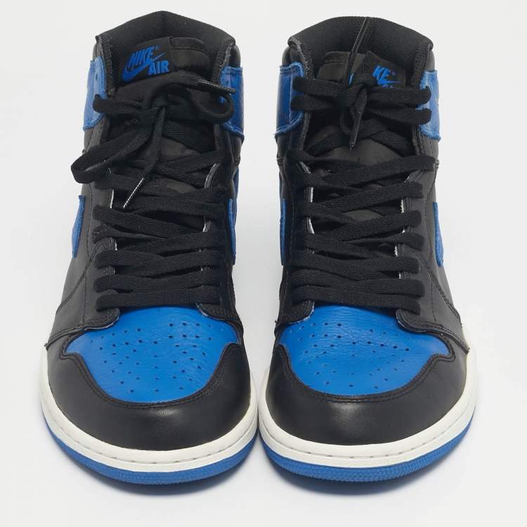 Pre Owned Air Jordans Black/Blue Leather Jordan 1 Retro Royal Sneakers Size 45